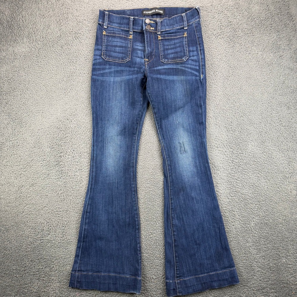 Express Jeans Womens 4R Dark Wash High Waist Flare Leg Patch Pocket Denim Jeans